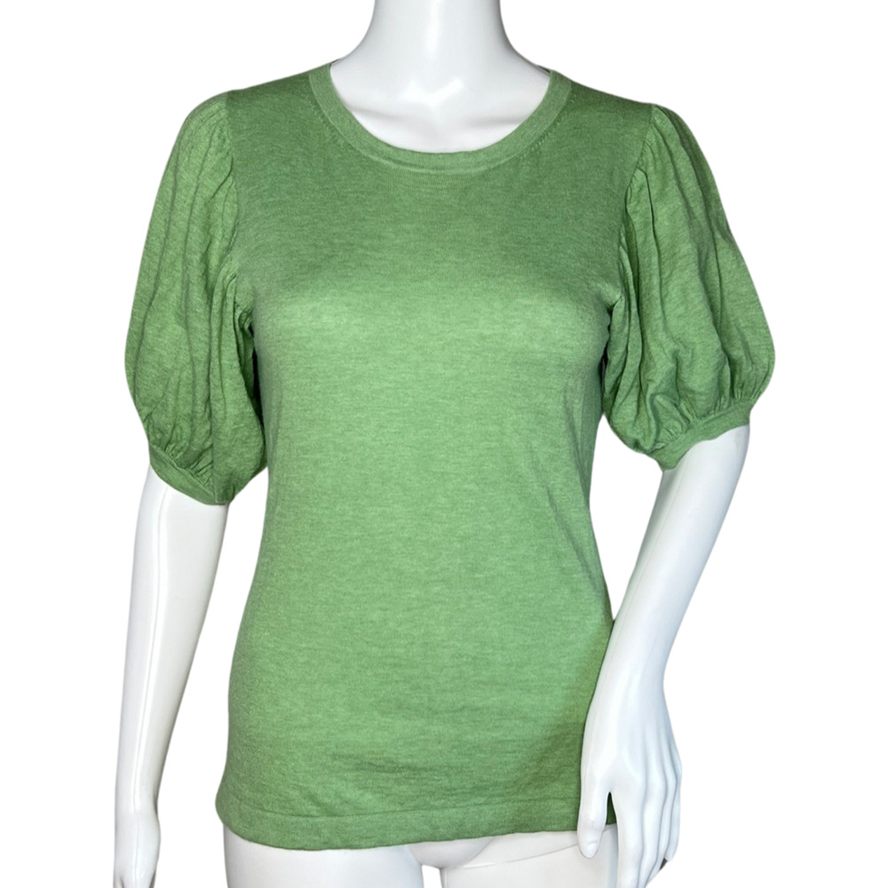 Banana Republic Sweater Women Small Green Puff Sleeve Cashmere Angora Minimalist